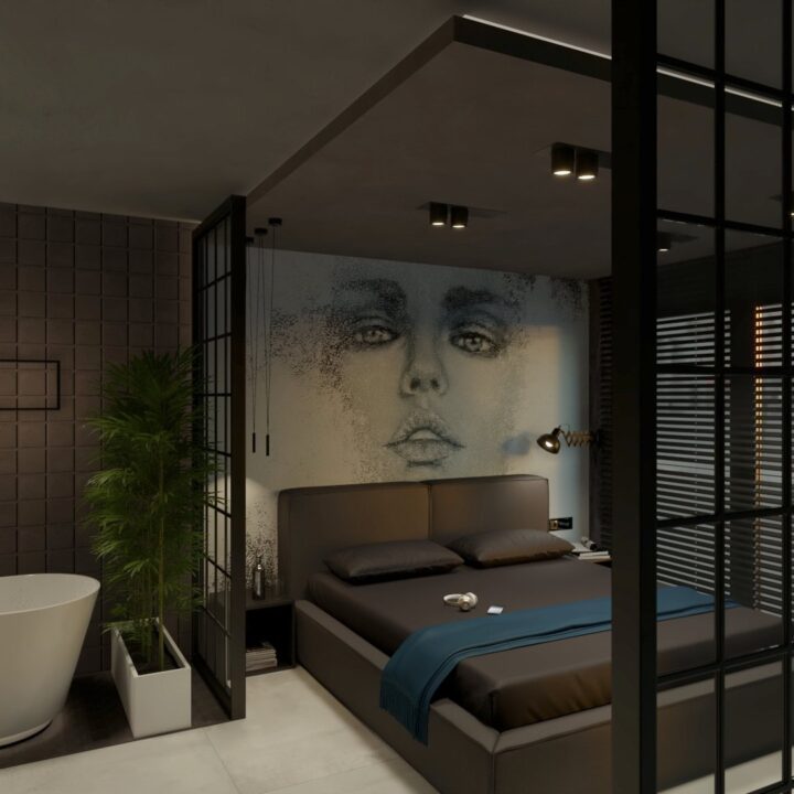 Przestronna i nowoczesna sypialnia z otwartą łazienką, utrzymana w stylu loftowym. Ta elegancka przestrzeń wykorzystuje kombinację ciemnego brązu i kontrastowej czarno-białej fototapety, tworząc unikalne i efektowne wnętrze.